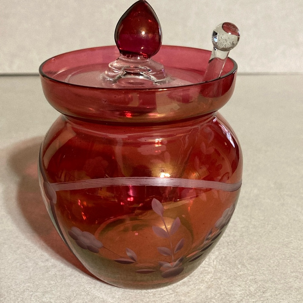 Vintage princess house, cranberry glass jar with lid and spoon